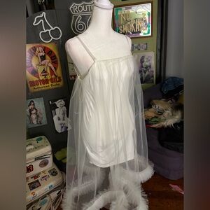 SHEIN White Sheer Chemise with Feather Trim